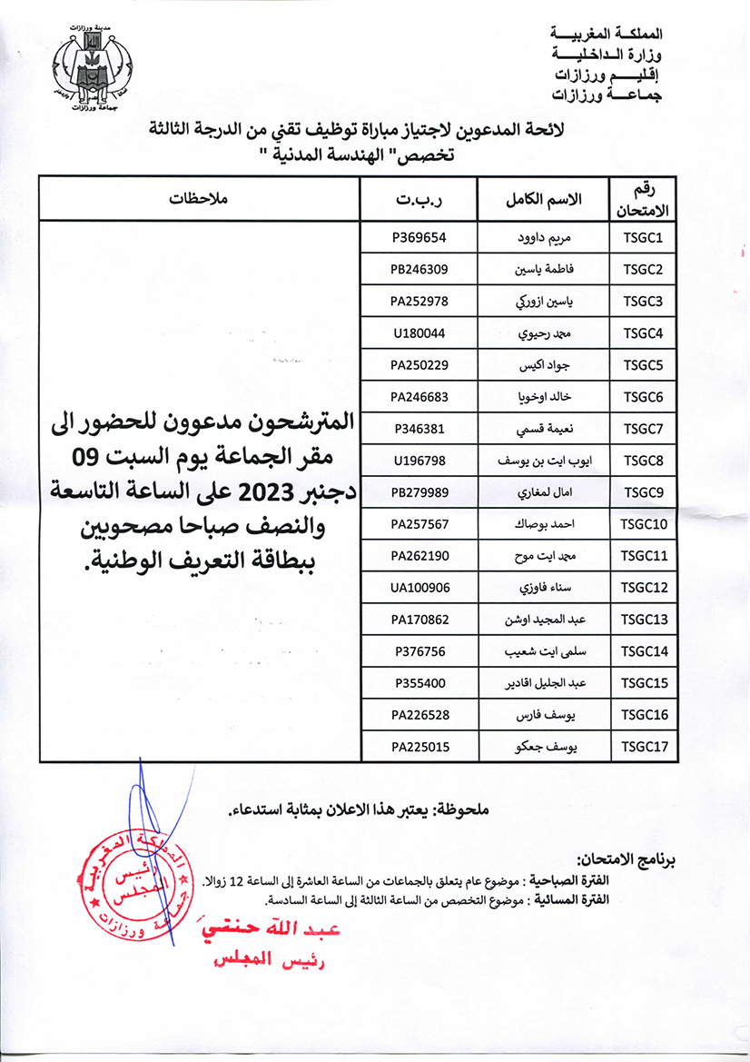 لائحة المدعوين لاجتياز مباراة توظيف تقني من الدرجة الثالثة تخصص الهندسة المدنية