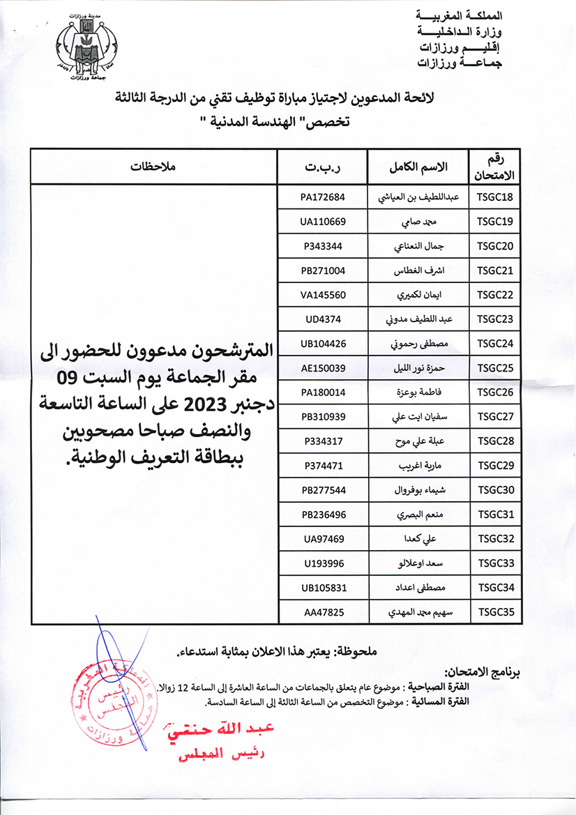 لائحة المدعوين لاجتياز مباراة توظيف تقني من الدرجة الثالثة تخصص الهندسة المدنية